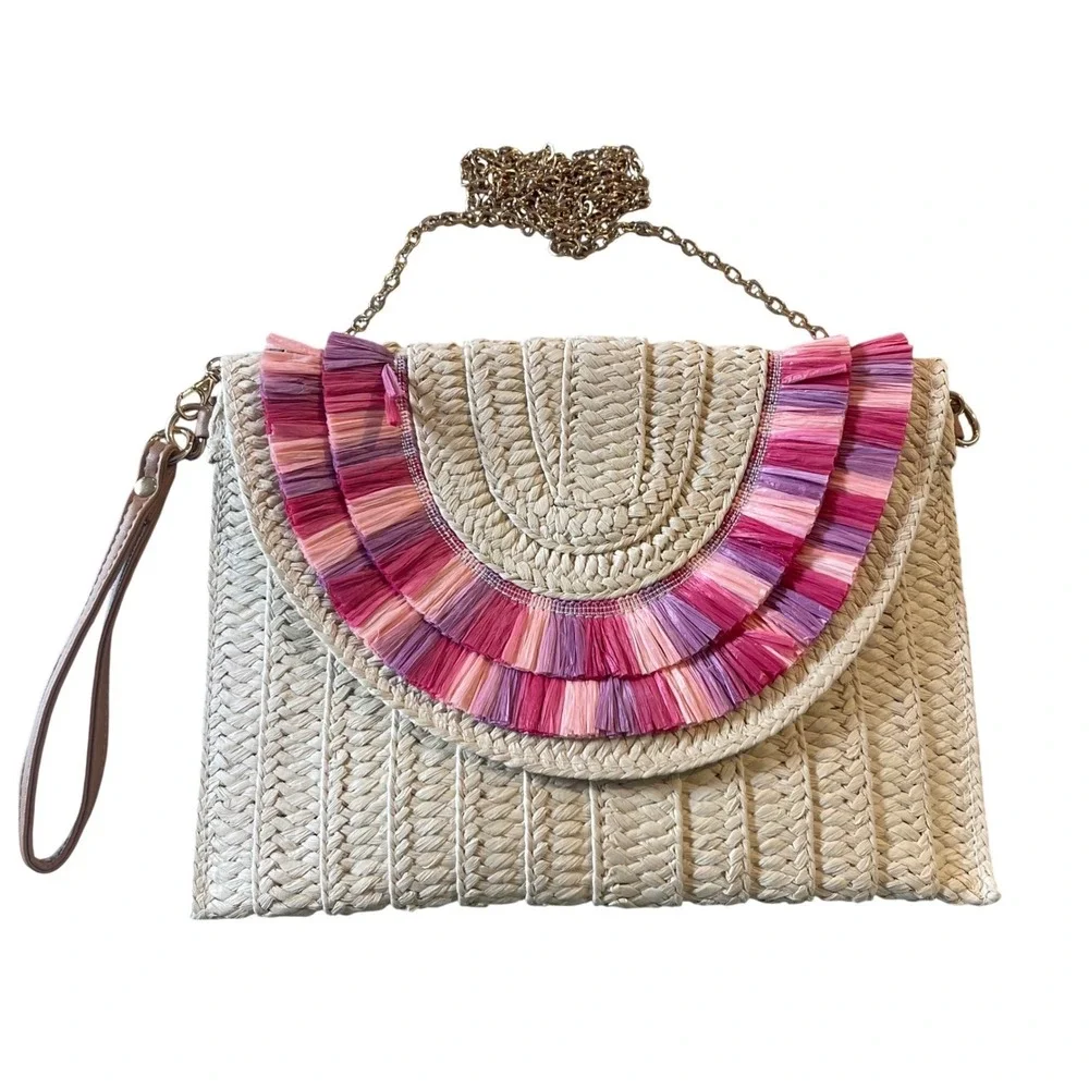 Urban Expressions Straw‎ Clutch Women OS Cream Pink Boho Raffia Fringe Crossbody